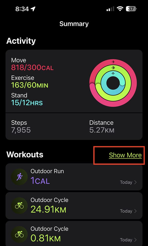 Get more details on your workout, including Apple Watch Route Tracking information
