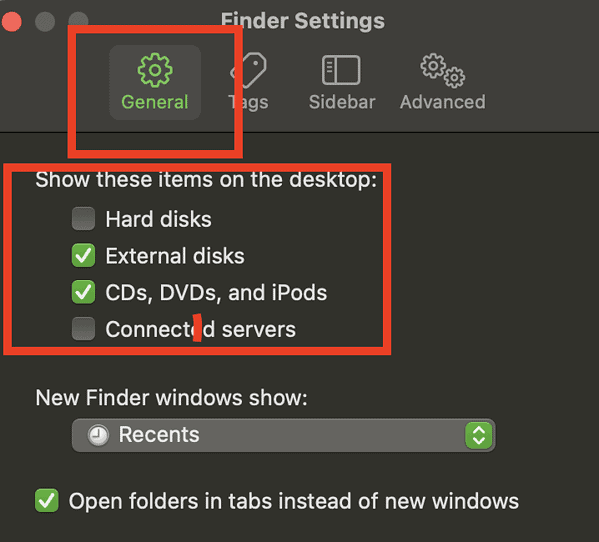 General tab of Finder settings