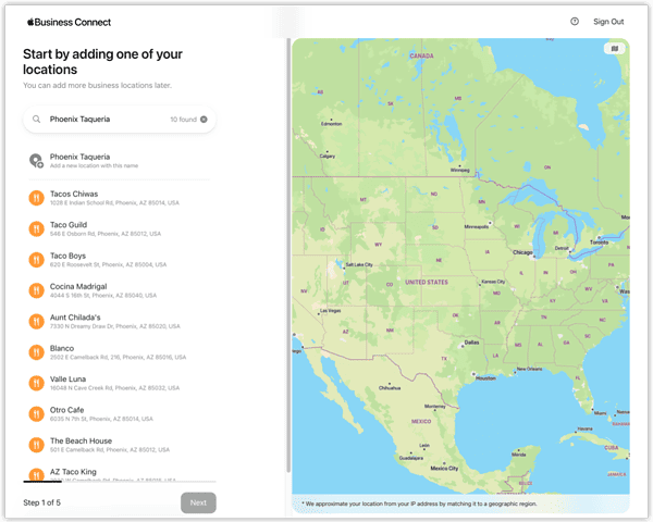 Apple Business Connect Location Search