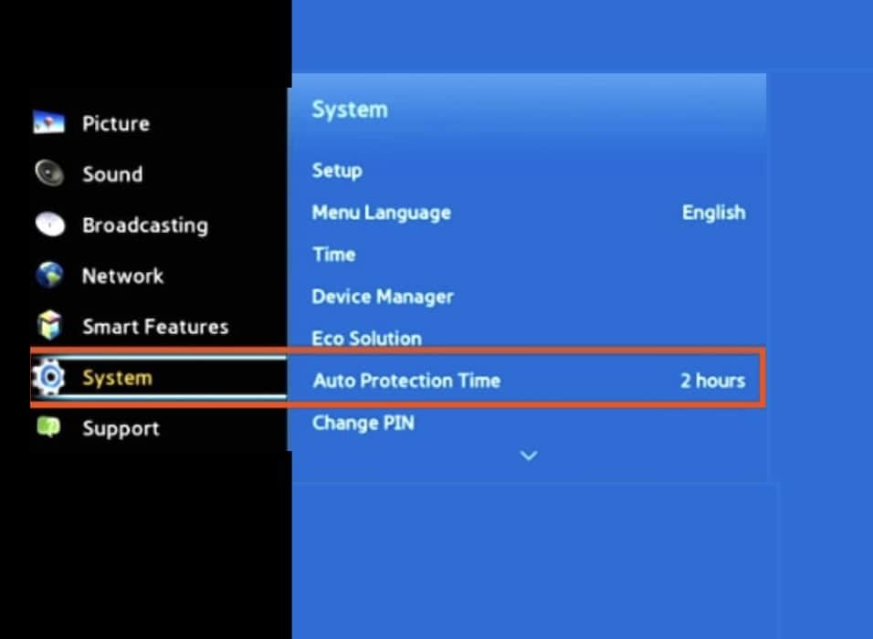 Turning off the Auto Protection Time on Samsung TV Settings