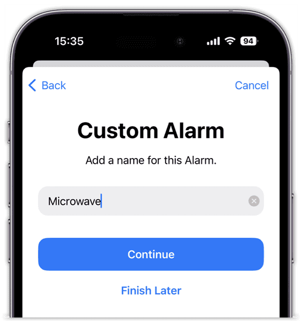 Enter Name for Custom Alarm