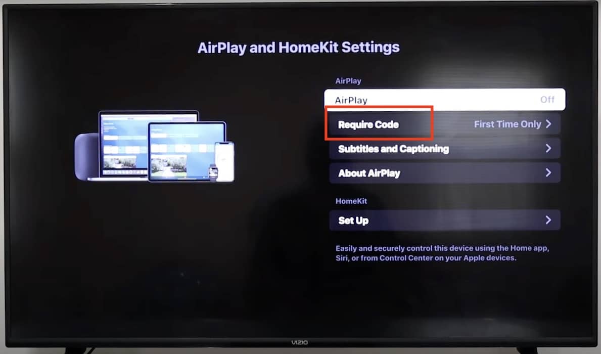 Selecting the Require Code Option on AirPlay VIZIO Settings
