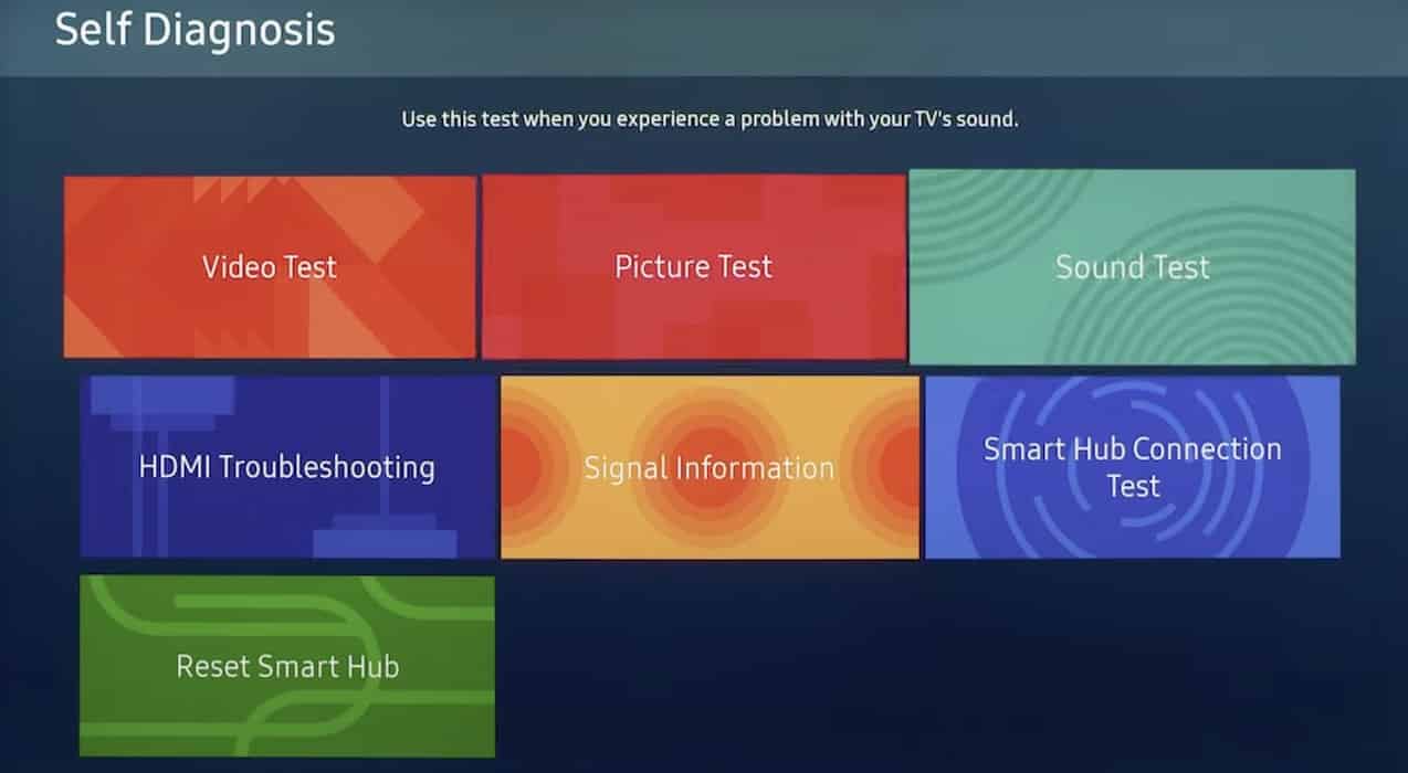 The Self Diagnosis Page of Samsung TV Settings