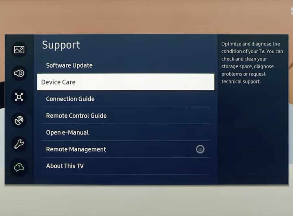 The Samsung TV Settings Support Page Menu