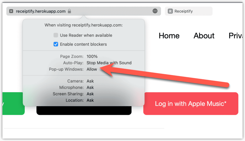 macOS safari allow pop-up for page