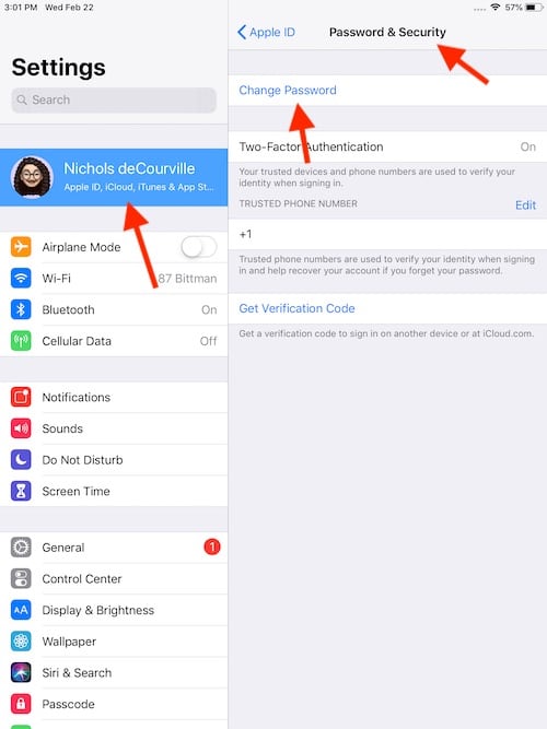 change email password on ipad