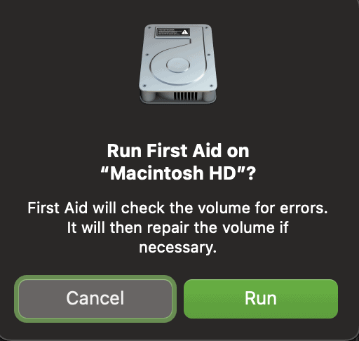 Running First Aid on disk to alleviate Error Occurred While Preparing The Installation of macOS