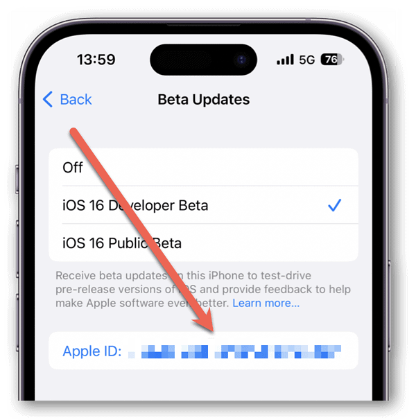 Change Apple ID for Beta - Step 1