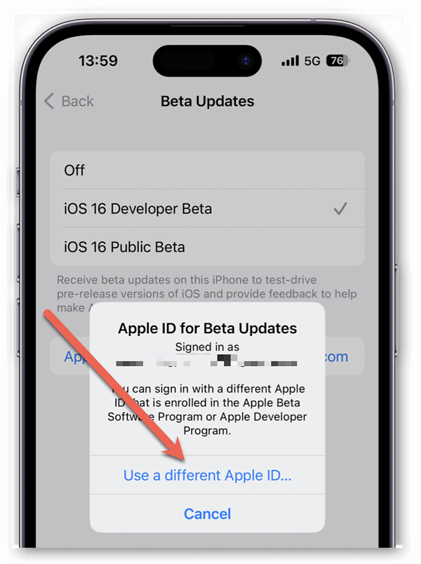 Change Apple ID for Beta - Step 2
