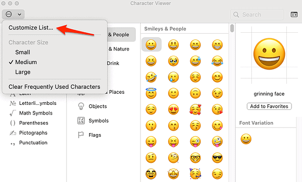 customize_list how to access the macOS emoji keyboard