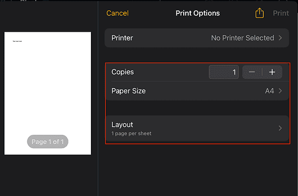 layout_printer how to print from pages on ipad