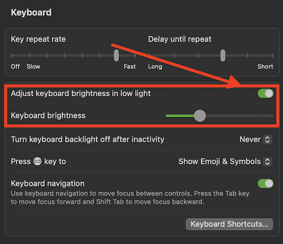 Adjust keyboard brightness in low light