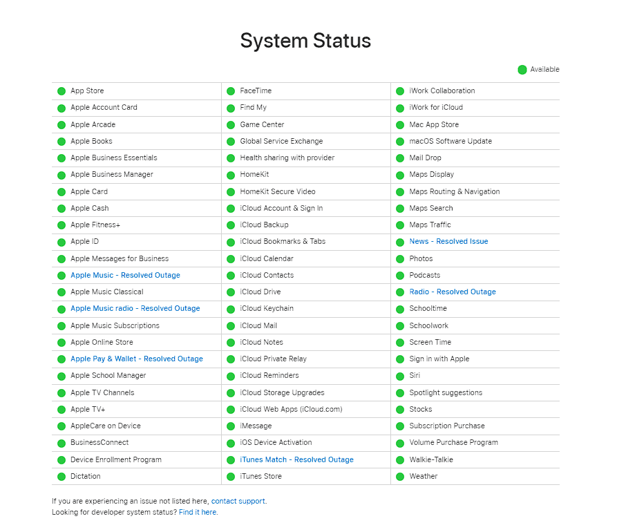 Проверьте статус сервера iMessage в Apple System Status 