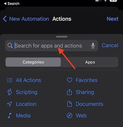 Locating the Search Bar within the Shortcut app