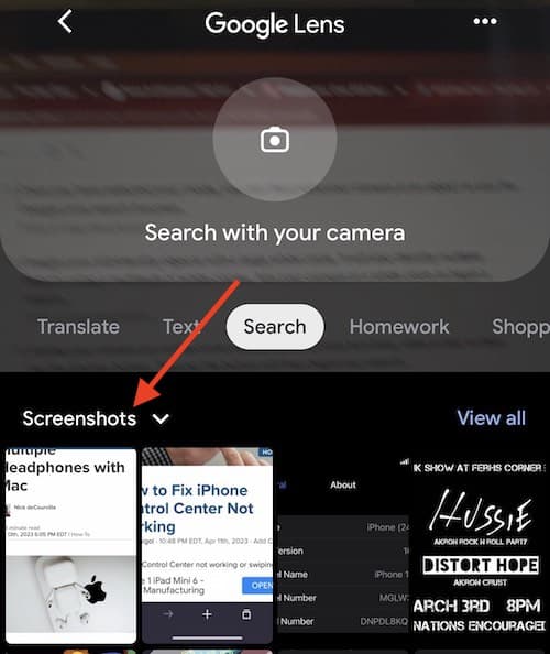 Click on a photo below the camera to open an image in Google Lens using the Google App