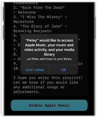 Petey Enable Apple Music Dialog