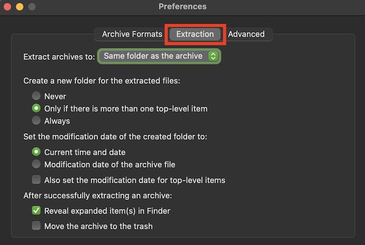 RAF file extraction preferences