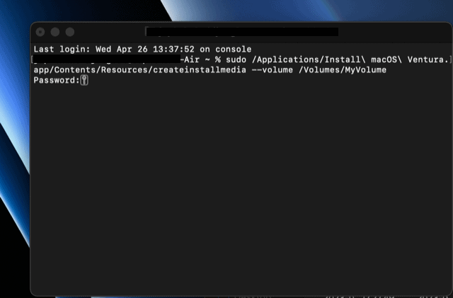Type administrator password for macOS Ventura terminal