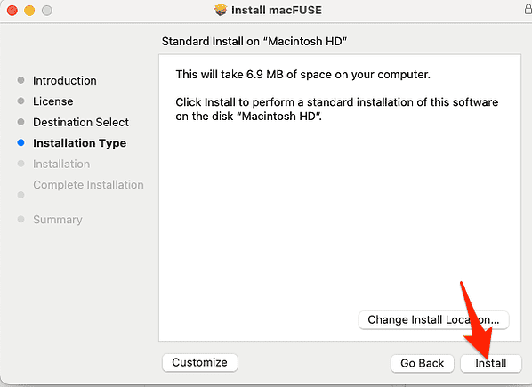 install button to install macFUSE