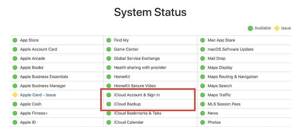 Apple System Status Screenshot
