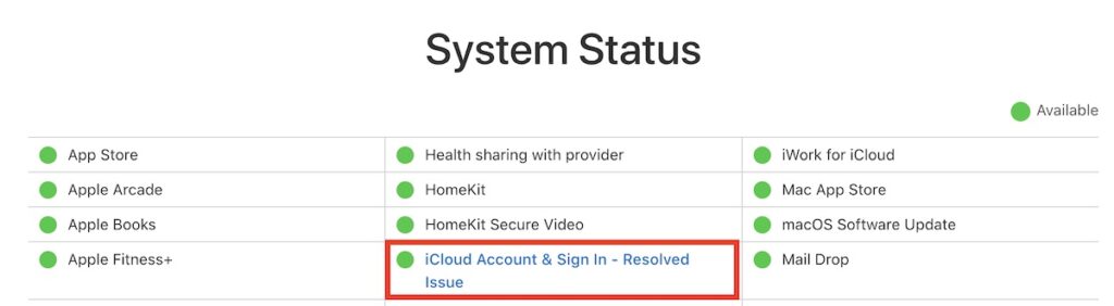 Apple System Status Page screenshot