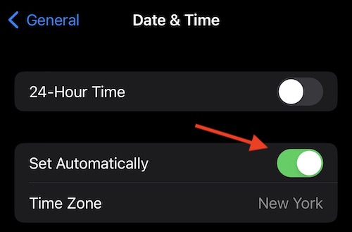 Ensure that Set Automatically is enabled in Date and Time settings.