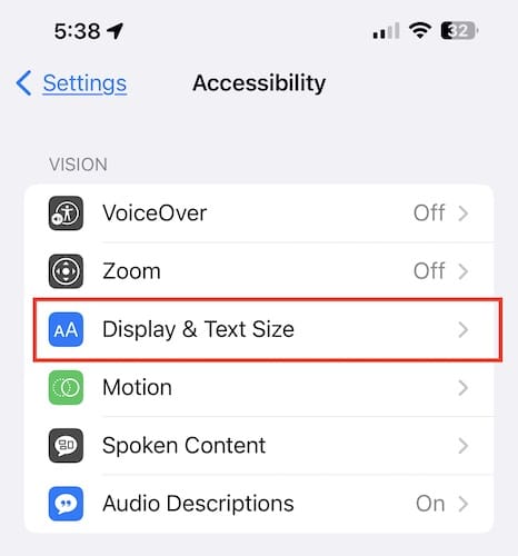 Display Text Size Screenshot