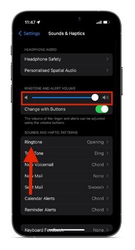 Drag the Volume slider to max and tap the Ringtone option