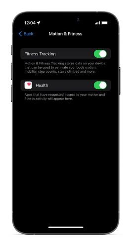 Enable Fitness tracking and health toggle