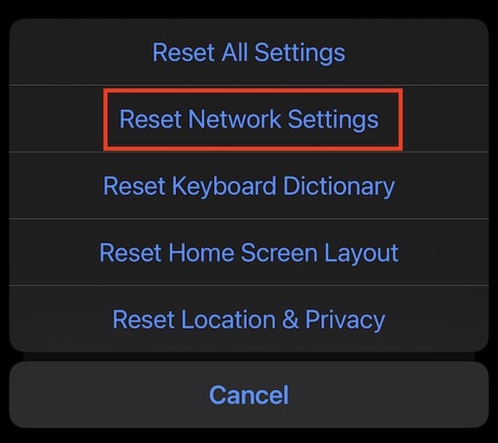 Reset network settings screenshot