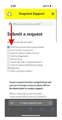 Tap I think my account was compromised option to Fix Snapchat Ban