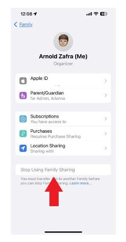 Tap Stop Using Family Sharing option