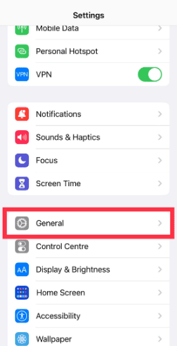 iPhone settings general option