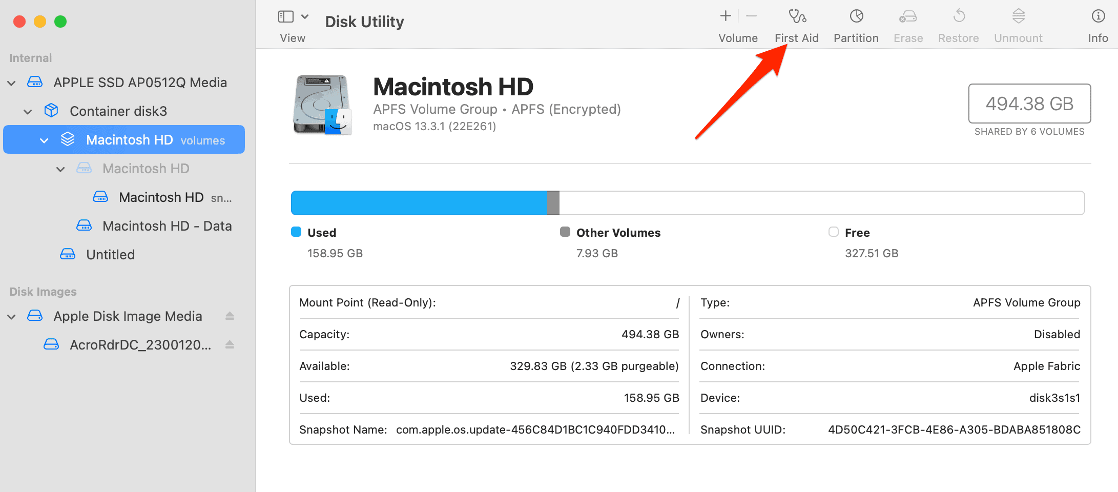 first aid button in disk utility