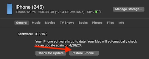 Click Restore either in iTunes or Finder to restore your device.