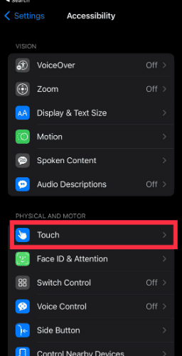 iPhone accessibility touch settings