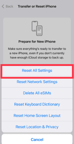 button to reset iPhone settings