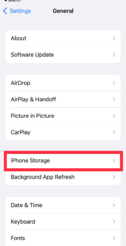iPhone storage menu
