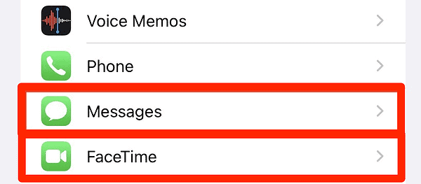 messages and facetime in settings