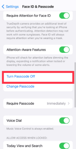 settings to turn passcode off on iPhone
