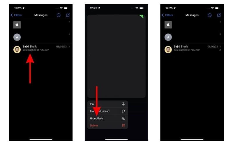 Tap and Hold to Enable Hide Alerts in the Messages App
