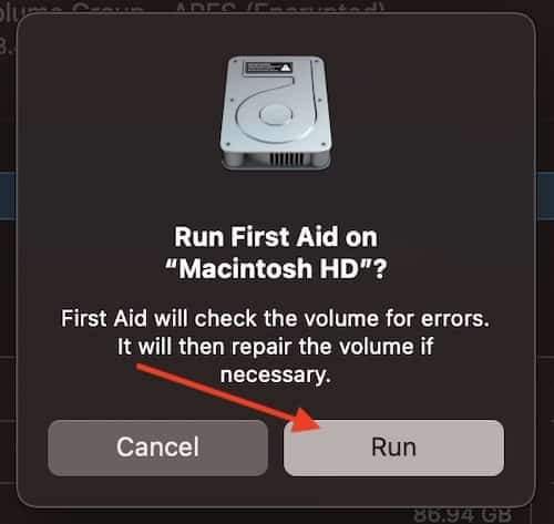 Click Run to get First Aid going in Disk Utility.