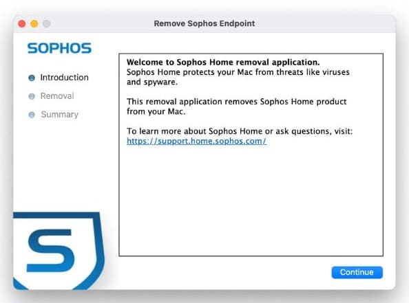Click Continue on Remove Sophos Endpoint screen