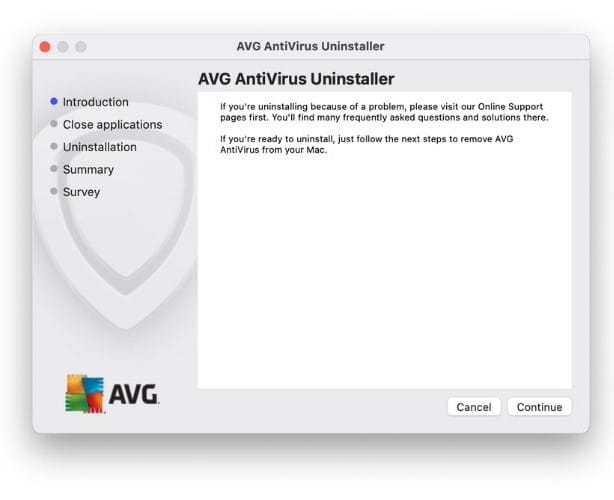 Click Continue on the AVG Antivirus Uninstaller