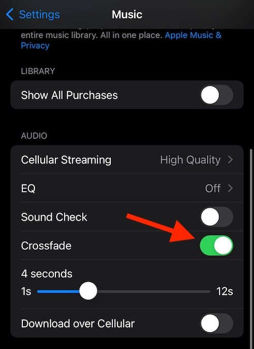 You will find the Crossfade option after scrolling down in the Music Settings.