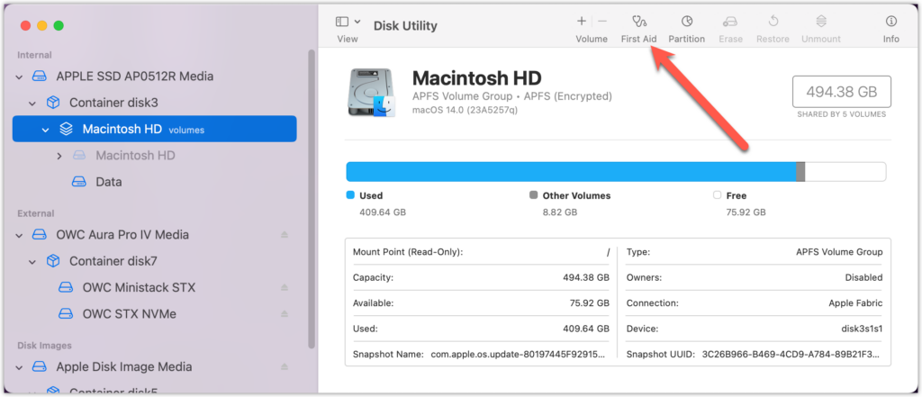 Running First Aid in Disk Utility to fix Steam crashing on startup on macOS Sonoma