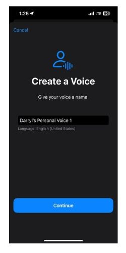 Enter a name for your Personal Voice and tap Continue