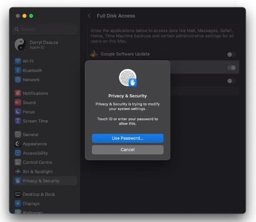Enter your Password to enable Full Disk Access to fix Malwarebytesnot working on Mac