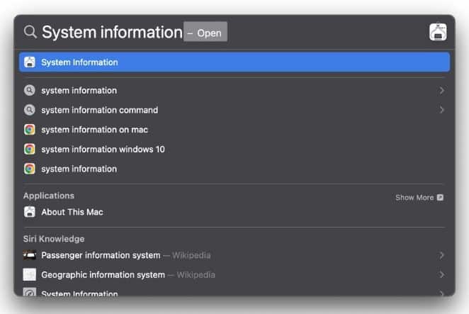 Open System Information from Spotlight Search to fix battery icon not showing on Mac