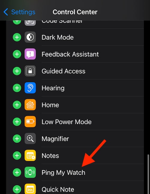 find Ping My Watch under More Controls within Control Center.